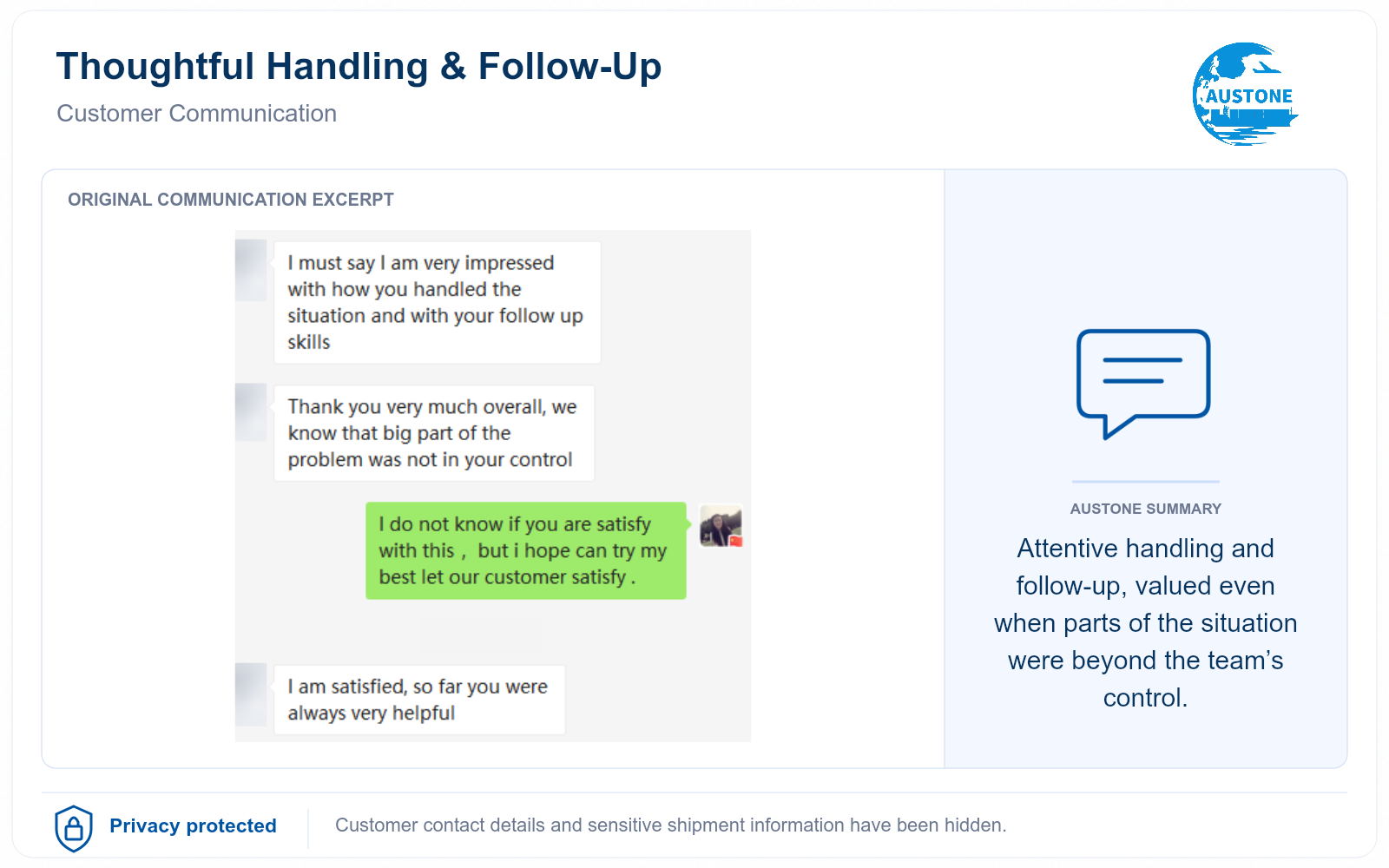 Redacted customer communication praising thoughtful handling and follow-up