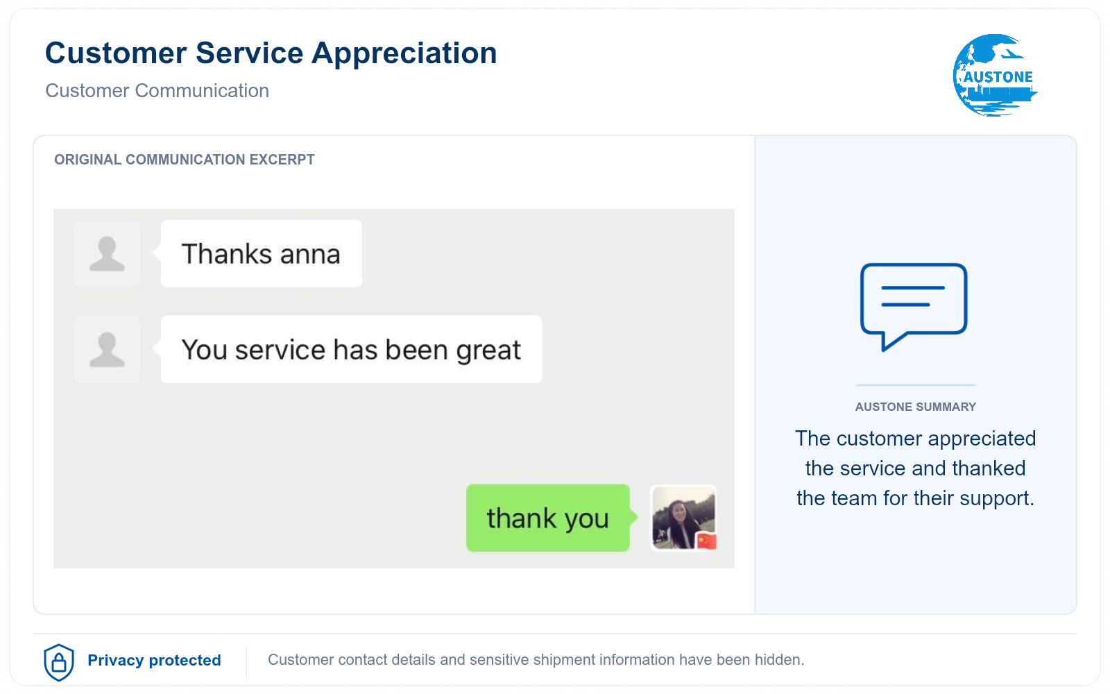 Redacted customer communication appreciating Austone customer service