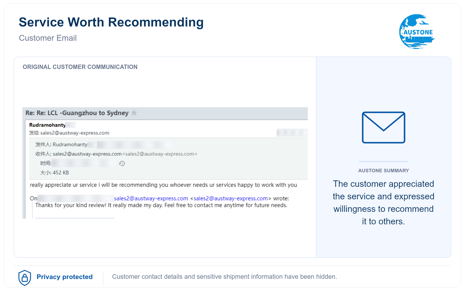 Redacted customer email recommending Austone service