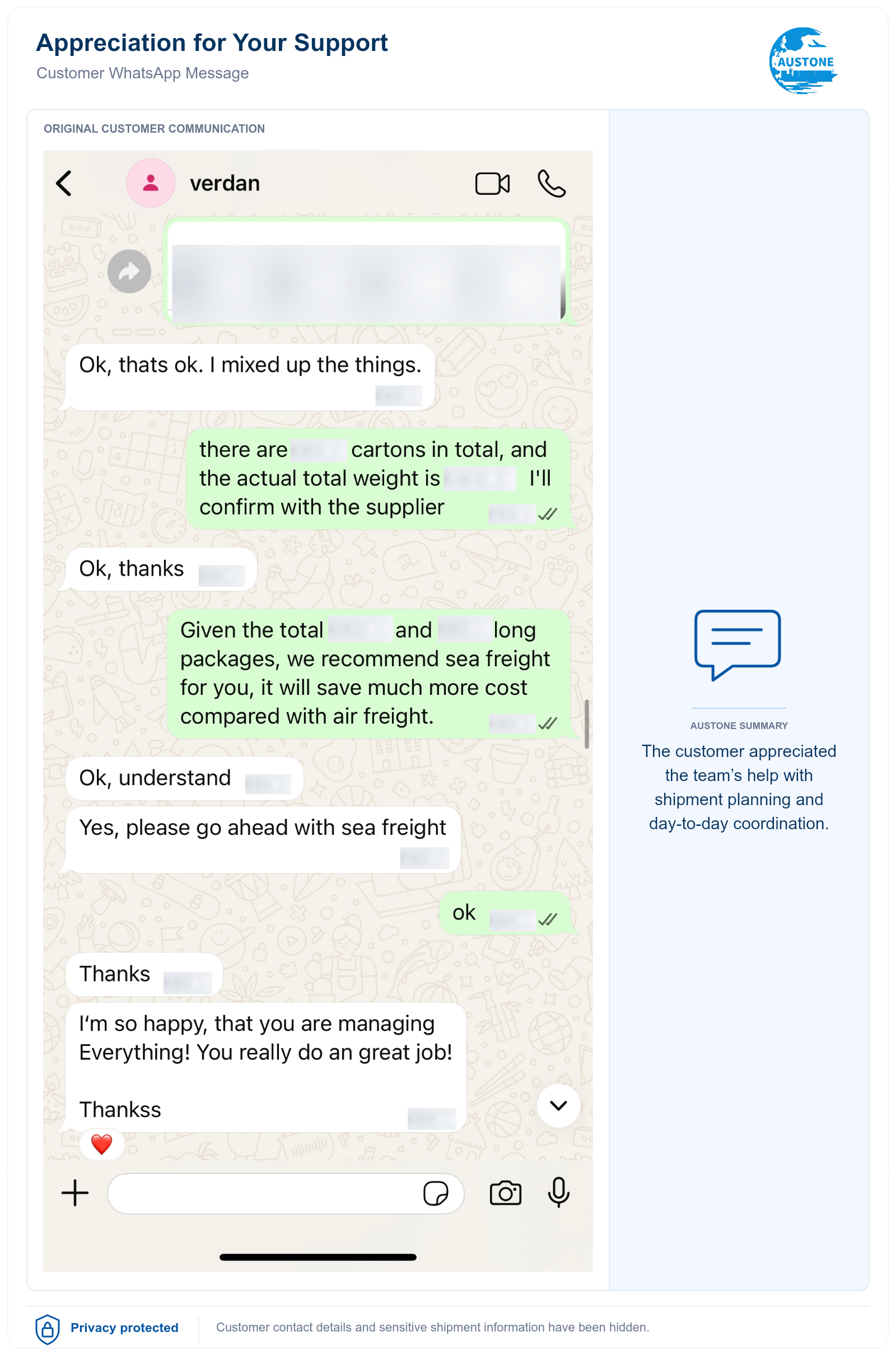 Redacted customer WhatsApp feedback appreciating shipment planning support