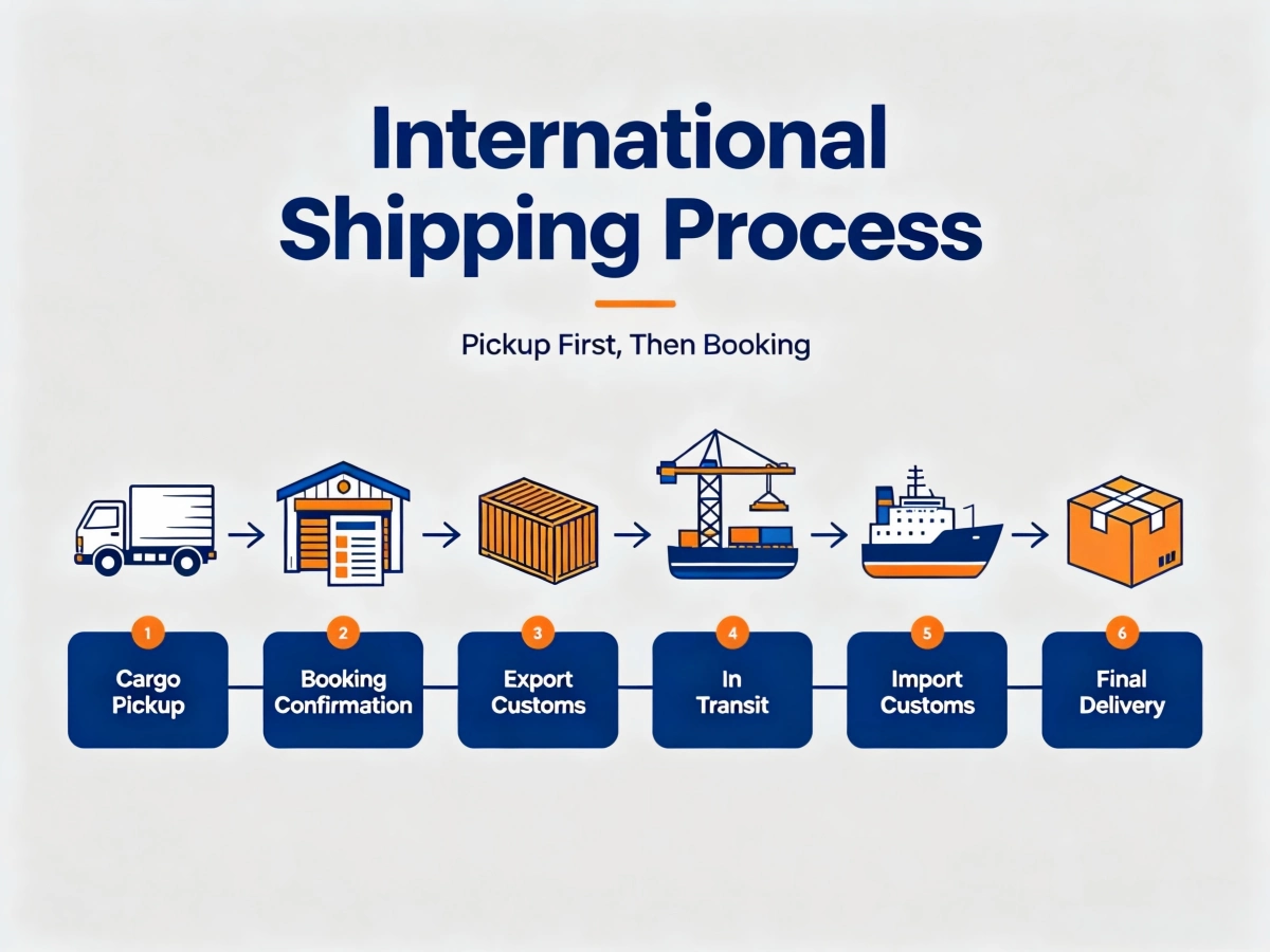 International shipping process from cargo pickup and booking to customs and final delivery