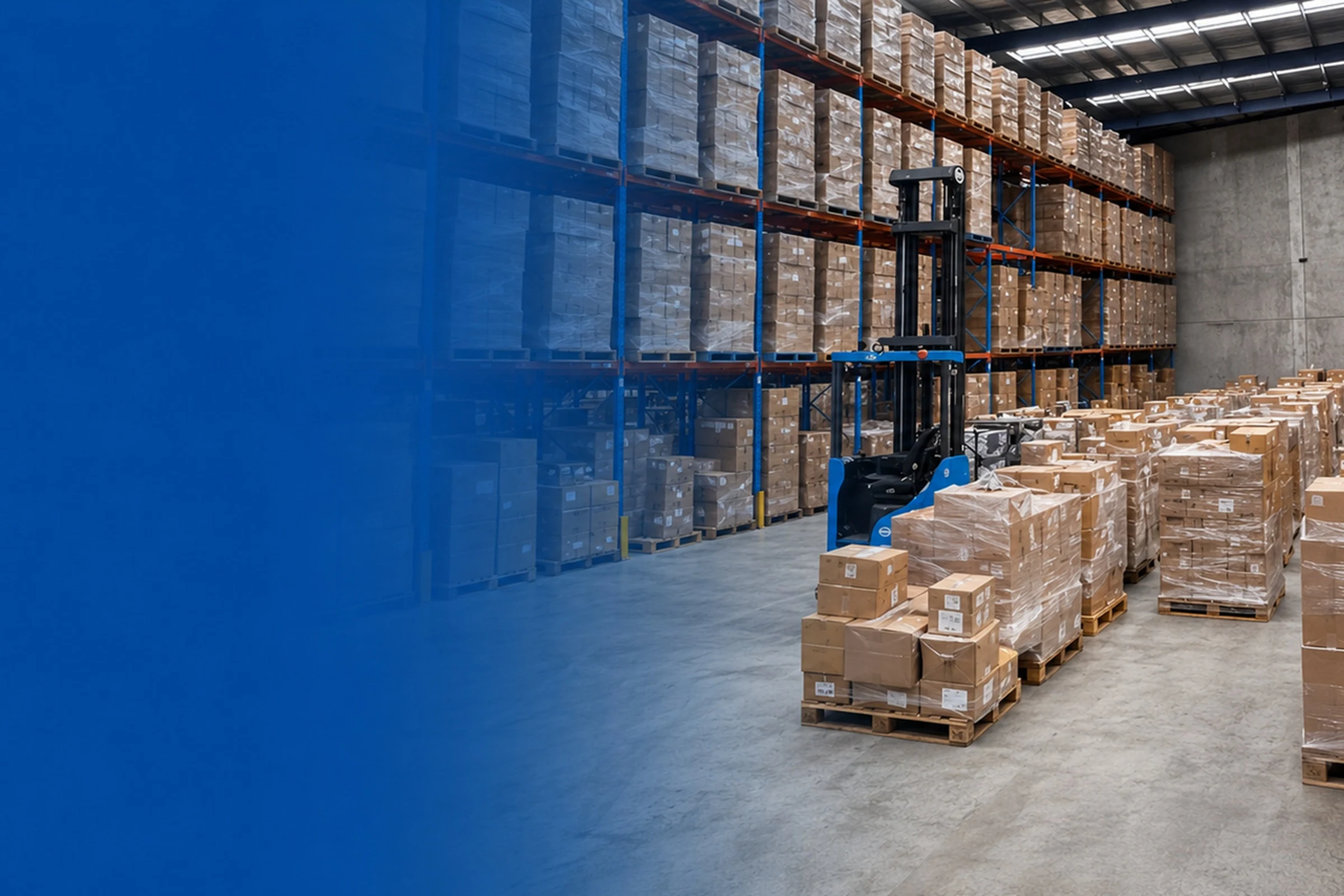 Palletised cartons and a reach truck in a warehouse