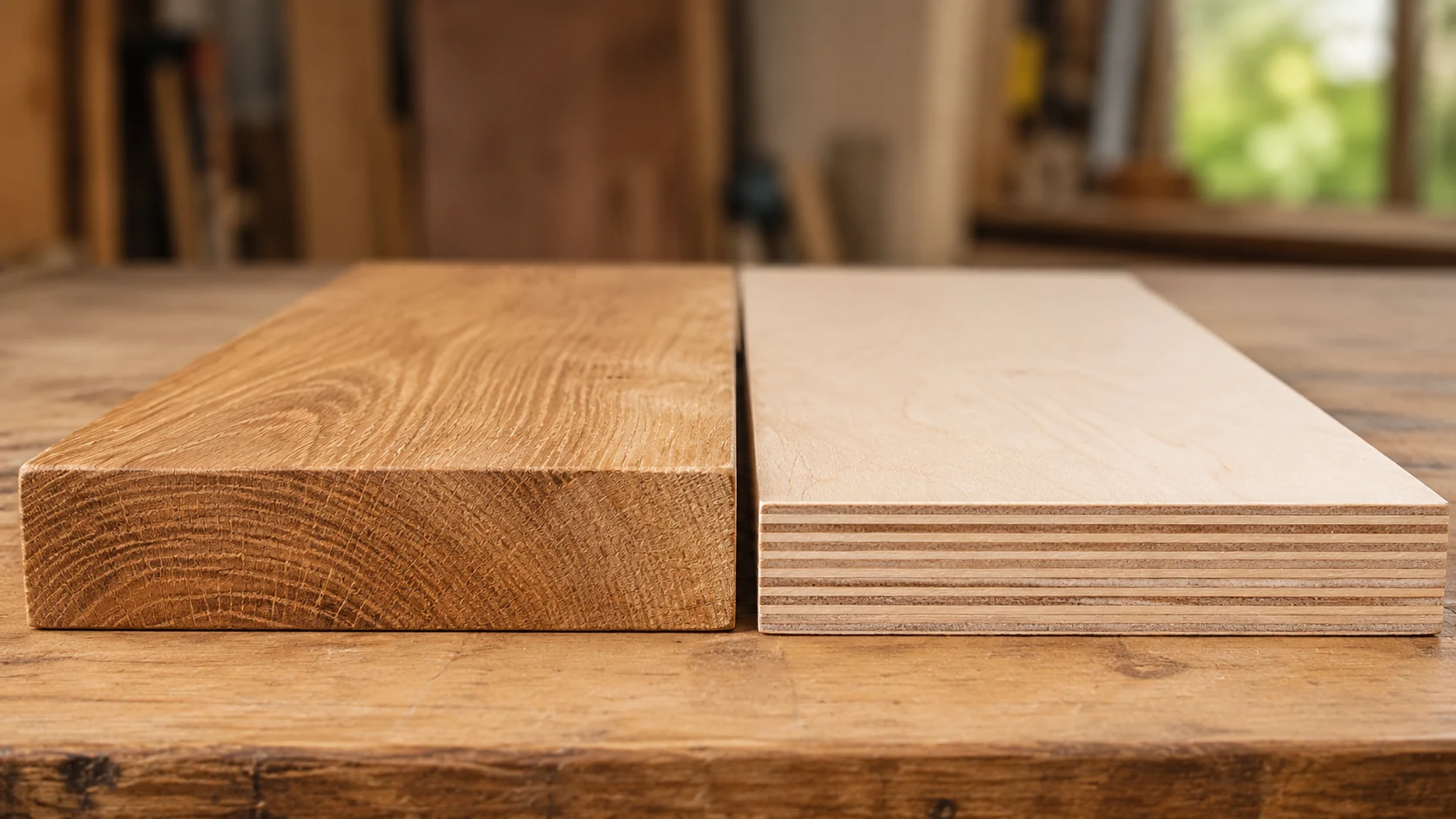Side-by-side comparison of solid wood end grain and layered plywood edge