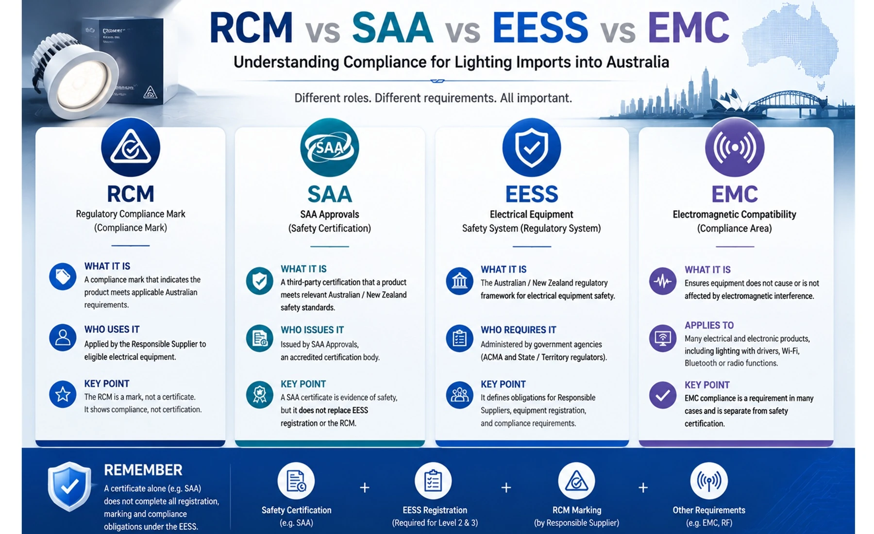Comparison of RCM, SAA, EESS and EMC concepts for lighting imports into Australia