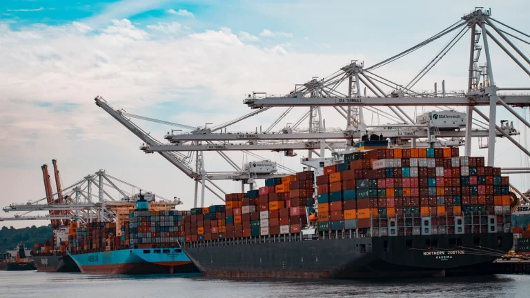 Container ships berthed beneath cargo cranes at a congested port terminal