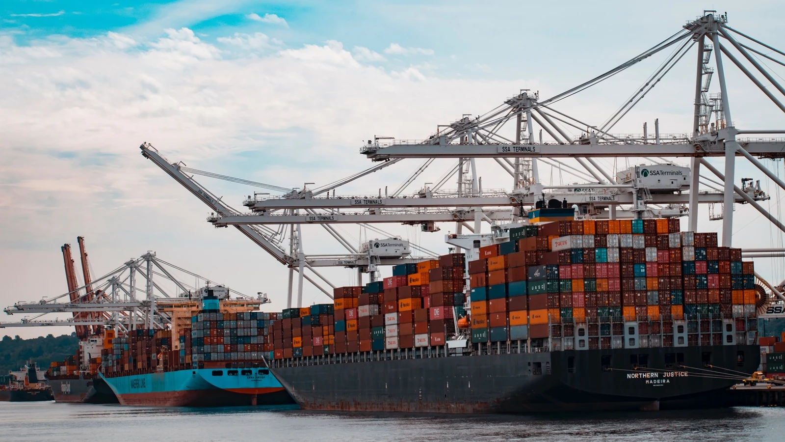 Container ships berthed beneath cargo cranes at a congested port terminal