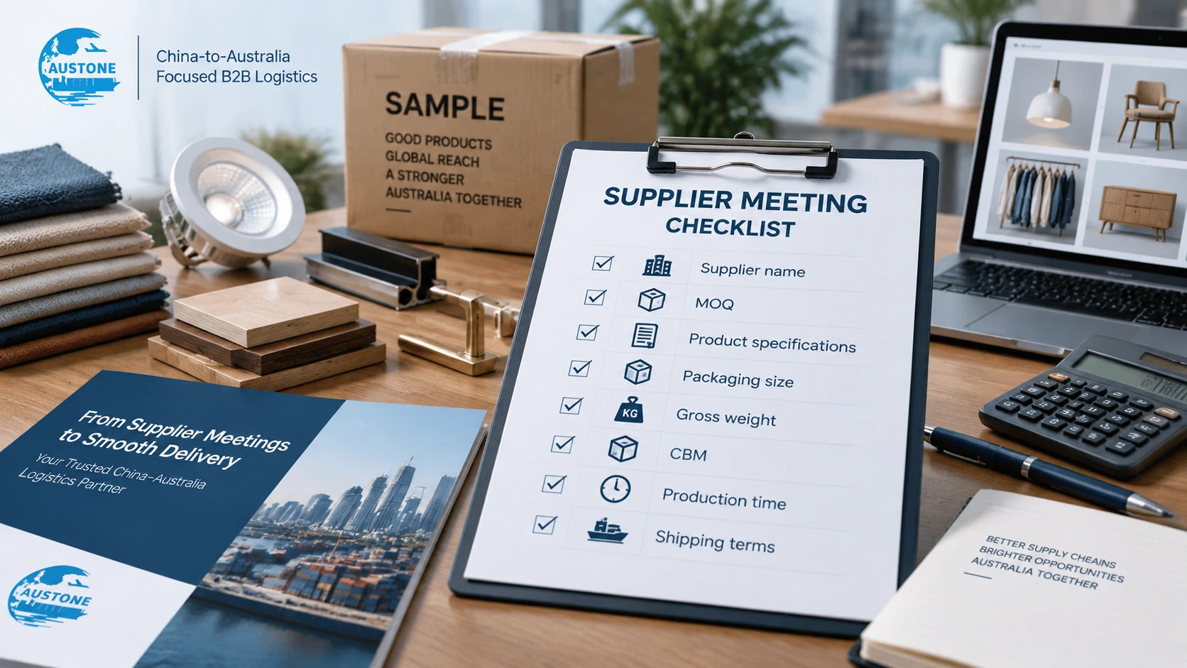 Supplier meeting checklist covering MOQ, product specifications, packaging, weight, CBM and shipping terms