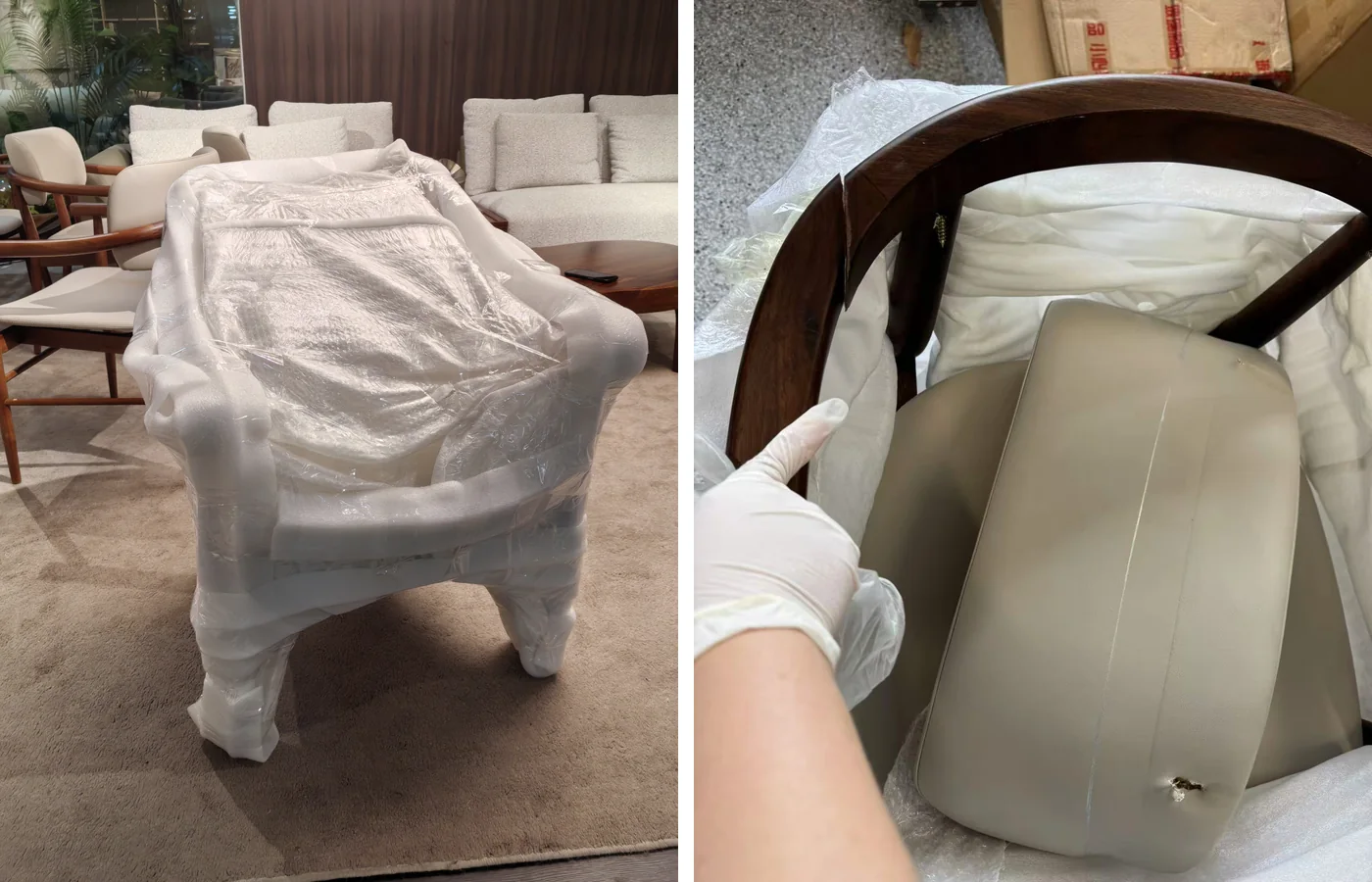 Incoming wrapped furniture and a damaged chair seat found during the Guangdong warehouse check