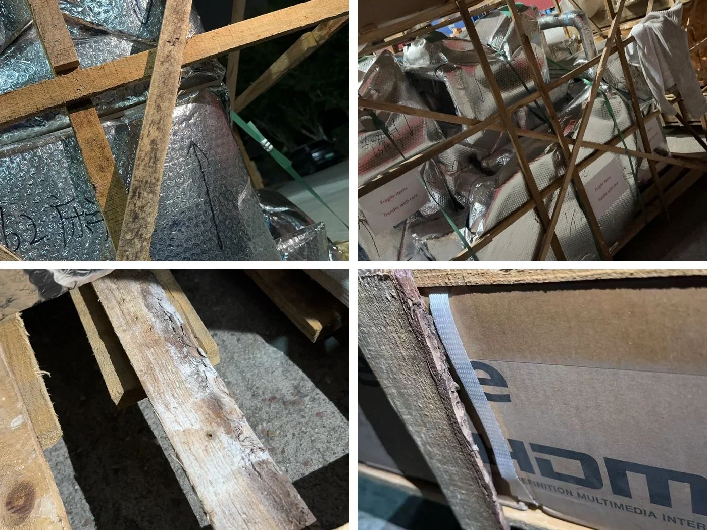 Close-up views of mould, dirt and unsuitable timber frames on incoming furniture packaging